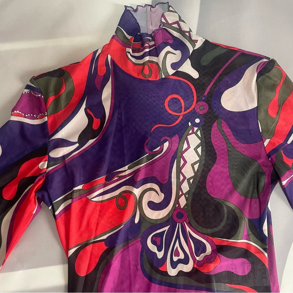 Emilio Pucci Vibrant Abstract Print Turtleneck Sheer Mesh Flared Maxi Dress - Picture 3 of 8